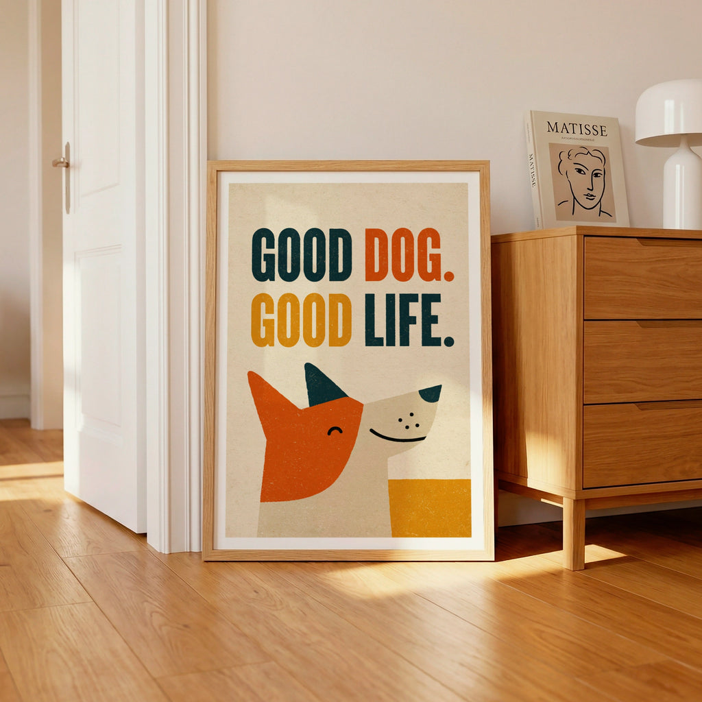 Good Dog Good Life retro dog print, folk art wall print, dog lover gift, vintage style
