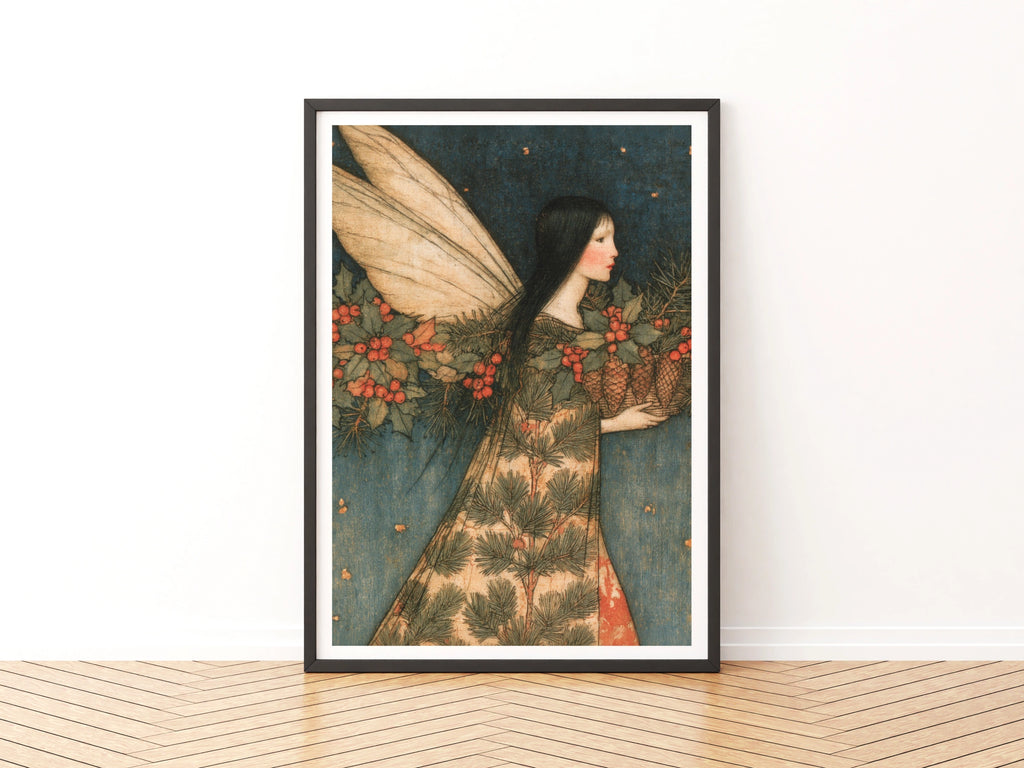 Winter Fairy Art Print, Christmas Folk Poster, Holly Berry Pine Cone Classic Inspired Wall Art