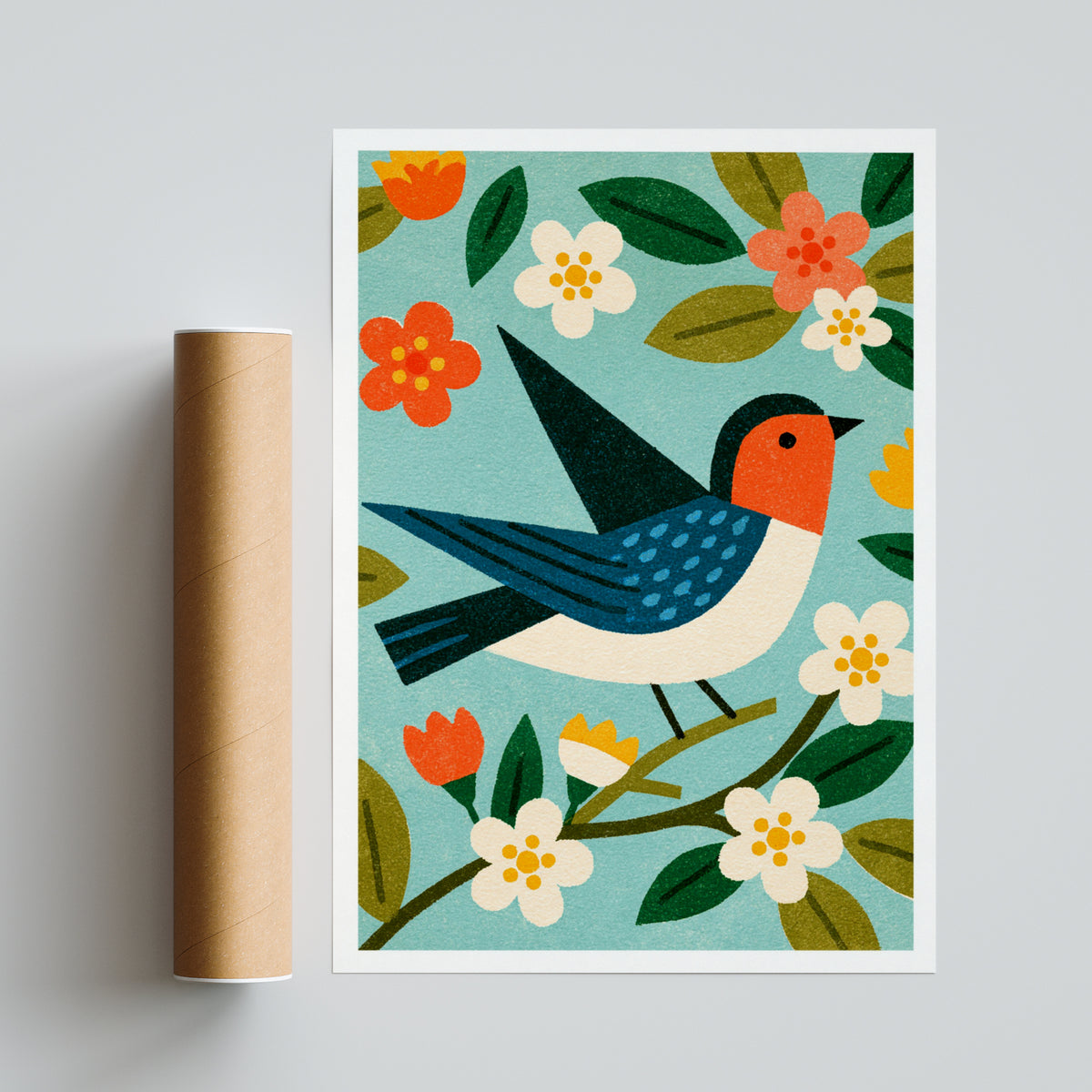 Retro Swallow Bird Print, Vintage Mid Century Floral Poster, Blossom Wall Art, Nursery Nature Decor
