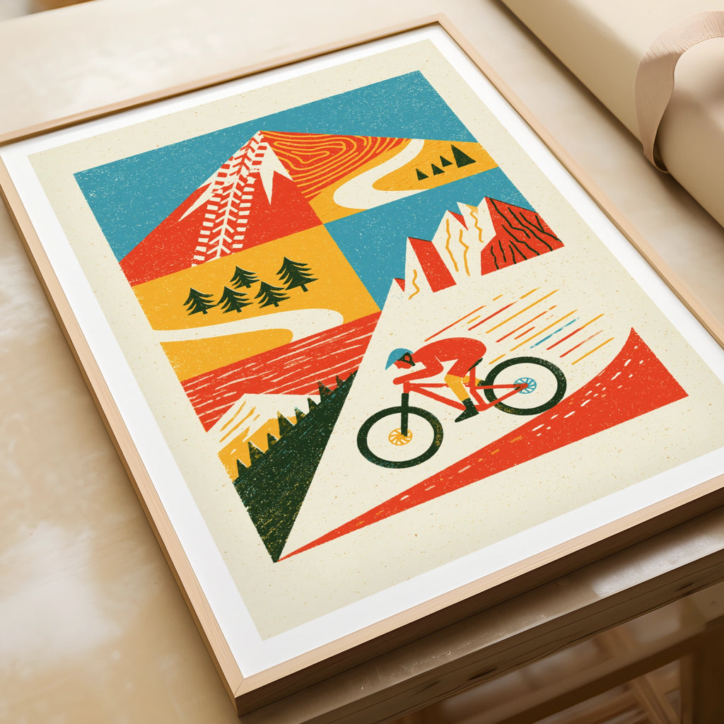 Mountain Bike Retro Poster, Cycling Wall Art Print, MTB Gift, Outdoor Adventure Decor