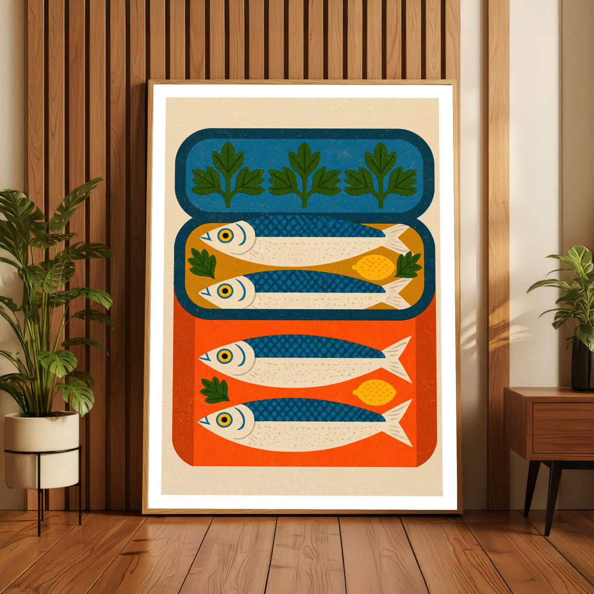Vintage Food Poster Print, Sardine Tin Art, Rustic Kitchen Decor, Retro Mid Century Risograph Fish