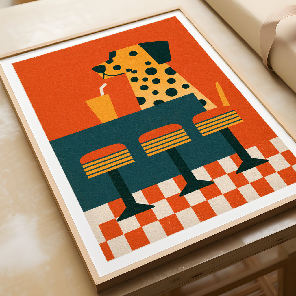 Vintage Dalmatian Diner Poster, Retro Dog Wall Art, Fun Animal Print, Bold Orange Decor