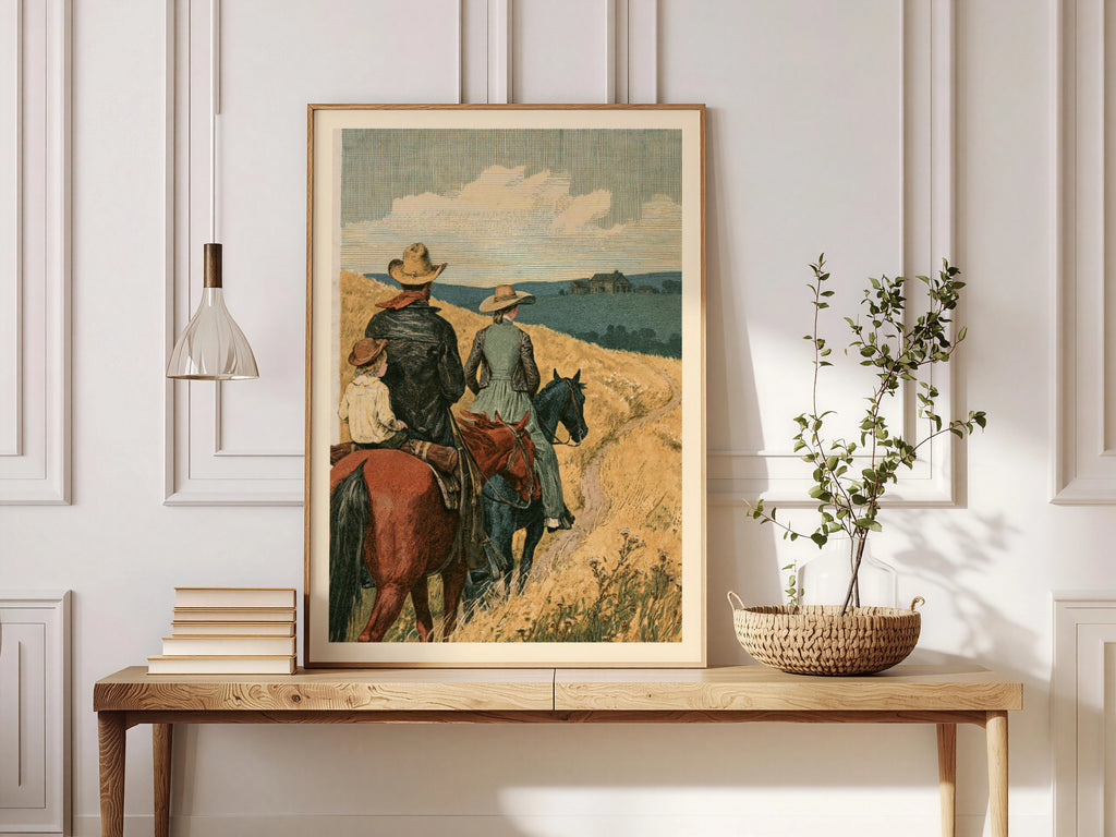 Vintage Western Print, Cowboy Family on Horseback, Prairie Landscape, Rustic Ranch Wall Art Poster