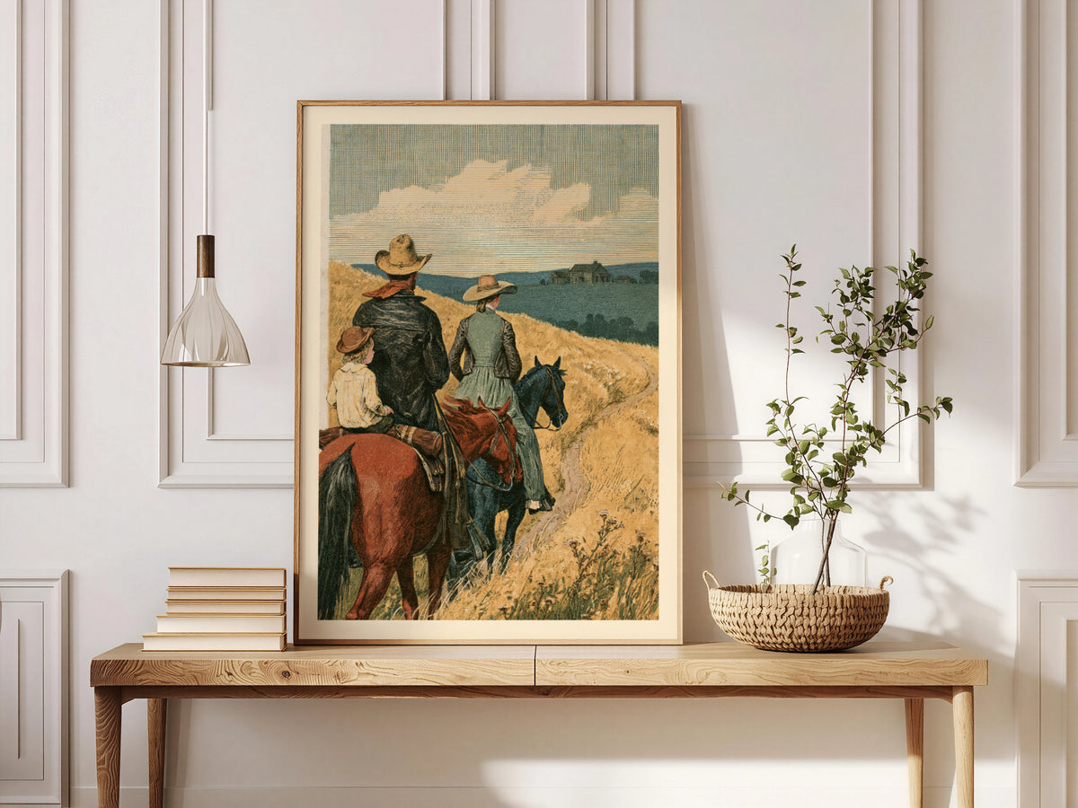 Vintage Western Print, Cowboy Family on Horseback, Prairie Landscape, Rustic Ranch Wall Art Poster