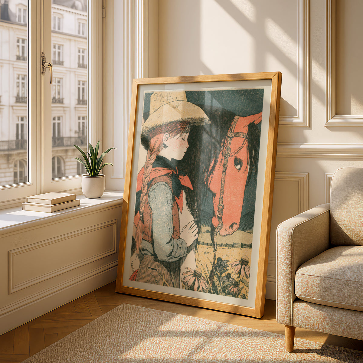 Cowgirl and Horse Vintage Print, Western Wall Art, Coneflower Meadow Poster, Ranch Nursery Decor