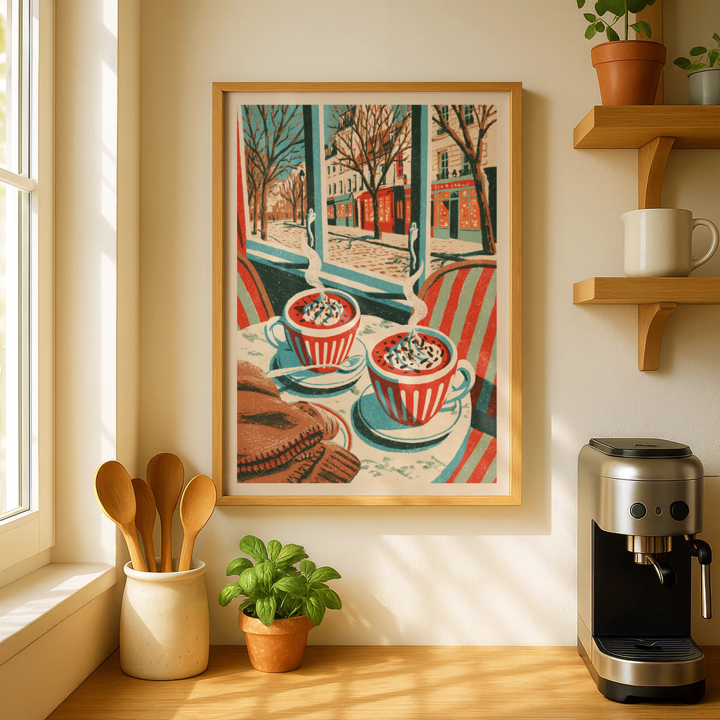 Vintage Food Poster Print Paris Cafe Hot Chocolate, Rustic Kitchen Decor Retro Mid Century Risograph