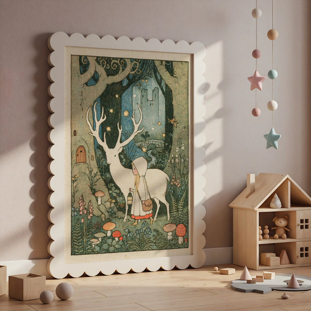 White Stag Fairy Tale Print, Victorian Children's Art, Magical Forest Girl Poster, Retro Collectable