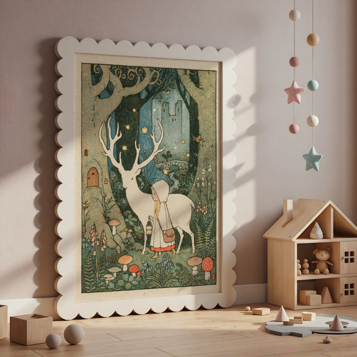 White Stag Fairy Tale Print, Victorian Children's Art, Magical Forest Girl Poster, Retro Collectable