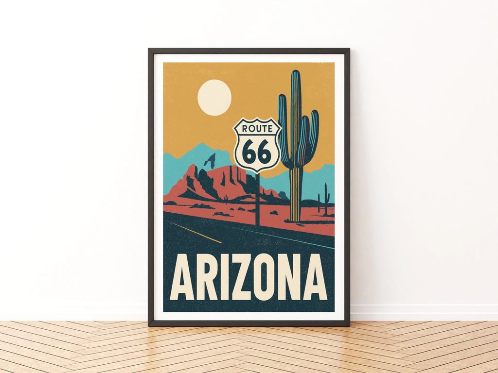 Arizona Route 66 Retro Travel Poster, USA Desert Wall Art, Cactus Road Trip Print