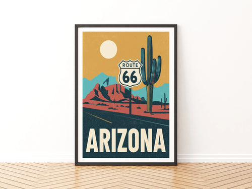 Arizona Route 66 Retro Travel Poster, USA Desert Wall Art, Cactus Road Trip Print