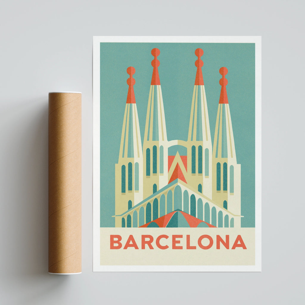 Barcelona Retro Travel Poster, Sagrada Familia Spain Wall Art Print, Teal