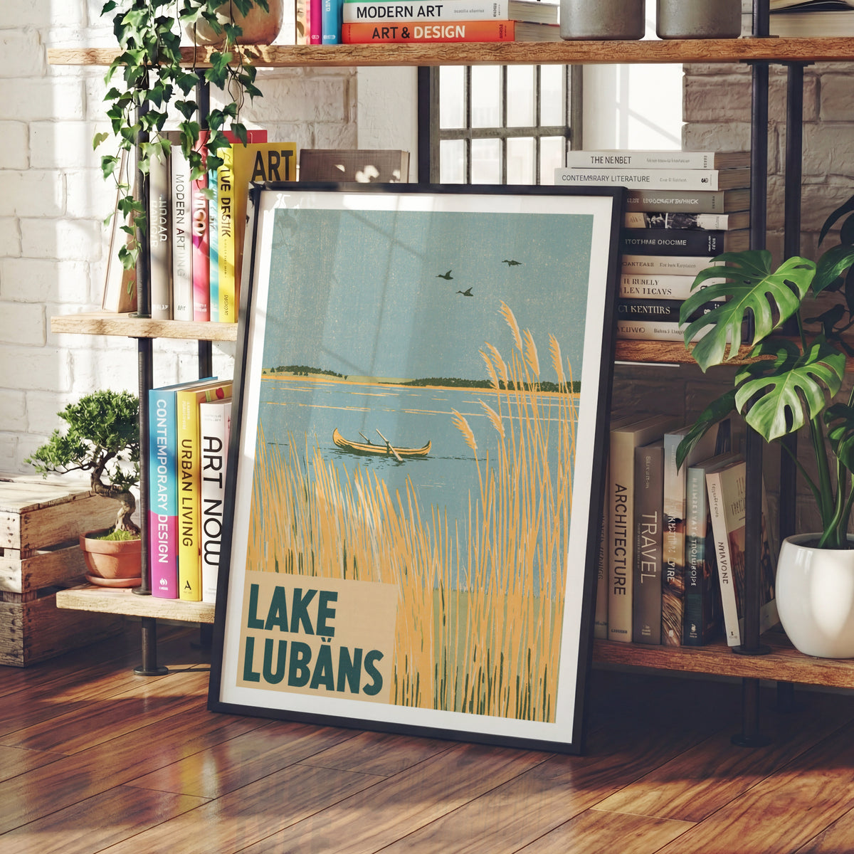 Retro Lake Lubans Poster, Vintage Travel Print, Latvia Wall Art, Reed Lake Landscape, Woodblock