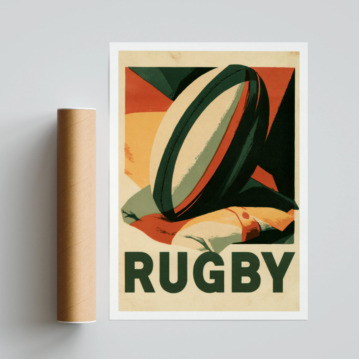 Retro Rugby Poster, Vintage Sport Wall Art Print, Rugby Ball, Green Orange Decor