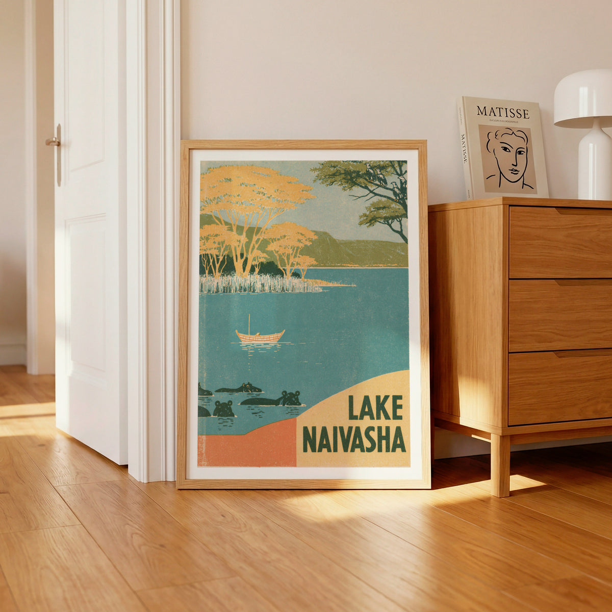 Retro Lake Naivasha Kenya Poster, Vintage Travel Wall Art, Hippo Safari Print, African Landscape