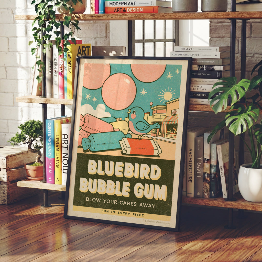 Contemporary Bluebird Bubble Gum Print, Retro Sweet Shop Wall Art, Kitchen Diner Decor