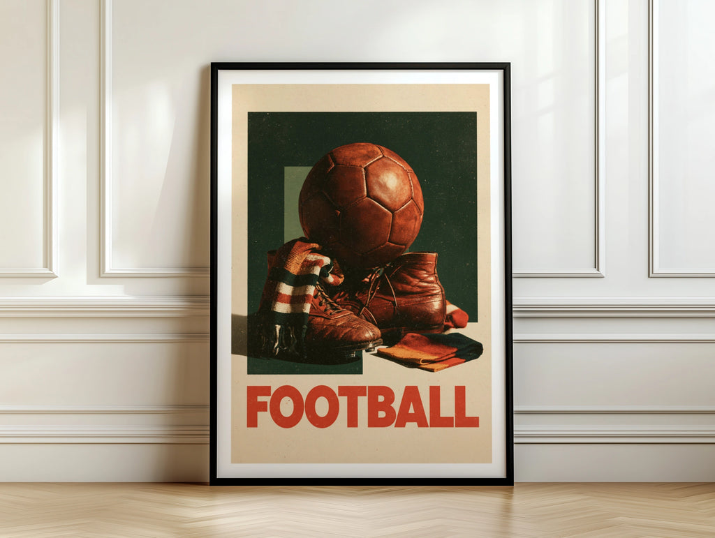 Retro Football Poster, Vintage Soccer Print, Old Leather Ball Wall Art, Sports Fan Gift