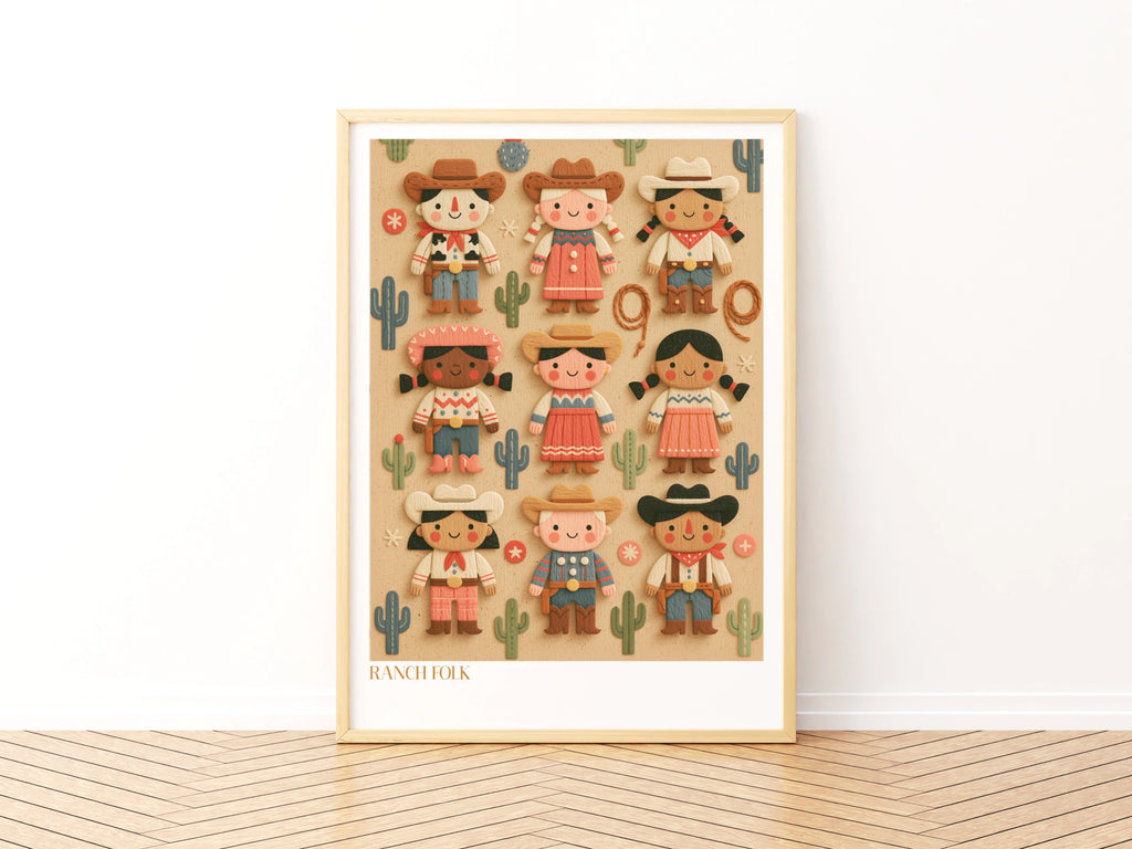 Ranch Folk Retro Kids Cowboy Poster, Children's Western Wall Art, Cute Nursery Print Collectable