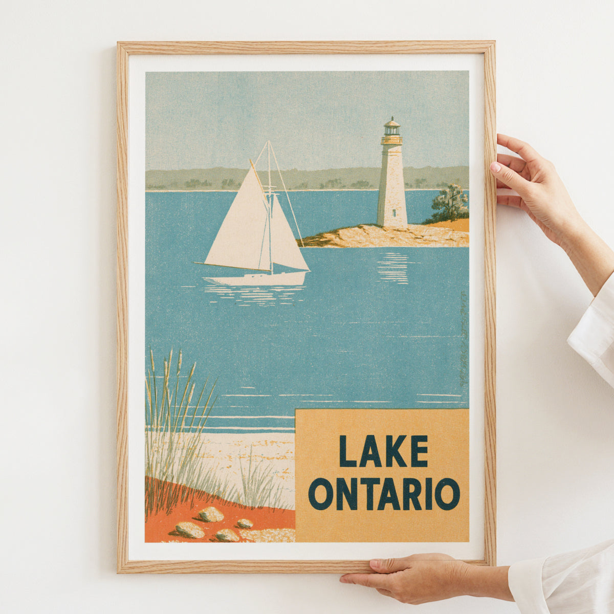 Lake Ontario Retro Travel Poster, Sailboat & Lighthouse Print, Canada Nautical Coastal Wall Art