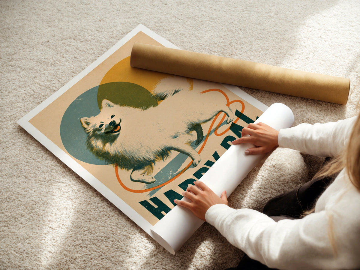 Retro Spitz Dog Poster, Happy Pal Folk Art Print, Vintage Style Wall Art Gift