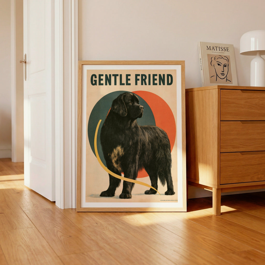 Retro Newfoundland Dog Poster, Gentle Friend Black Dog Print, Vintage Folk Wall Art
