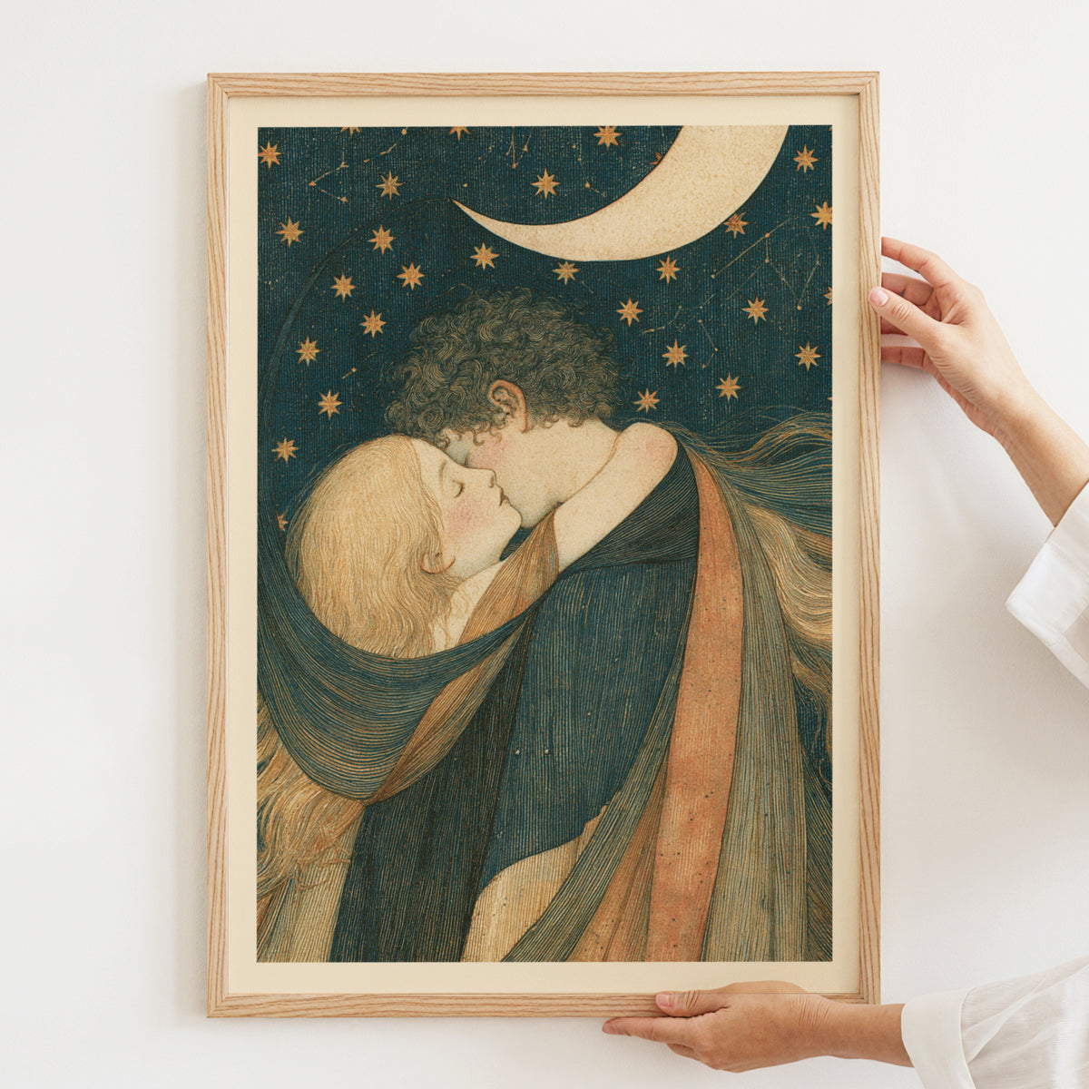 Celestial Lovers Art Print, Crescent Moon and Stars Wall Art, Vintage Romantic Embrace Poster