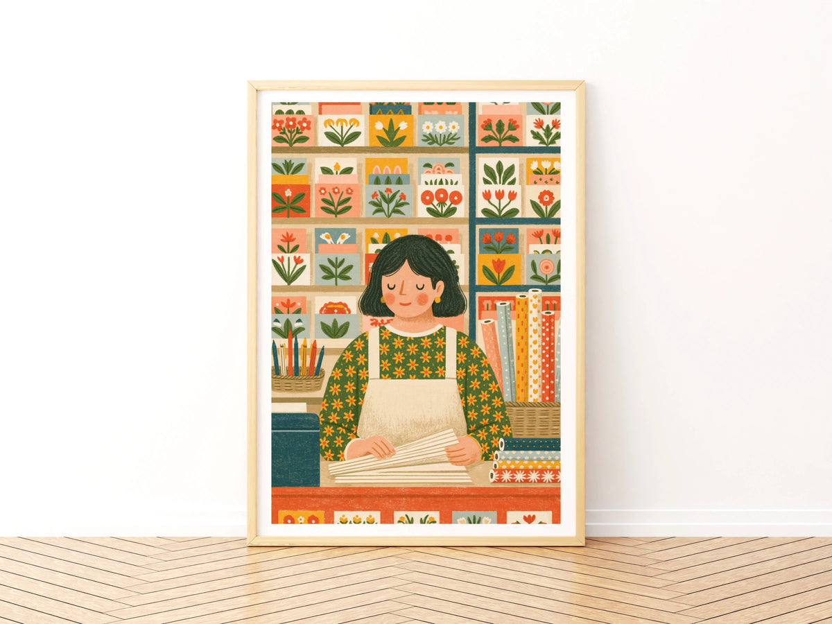 Retro Craft Room Print, Folk Art Paper Shop Poster, Sewing Print Gift for Crafters Wall Art