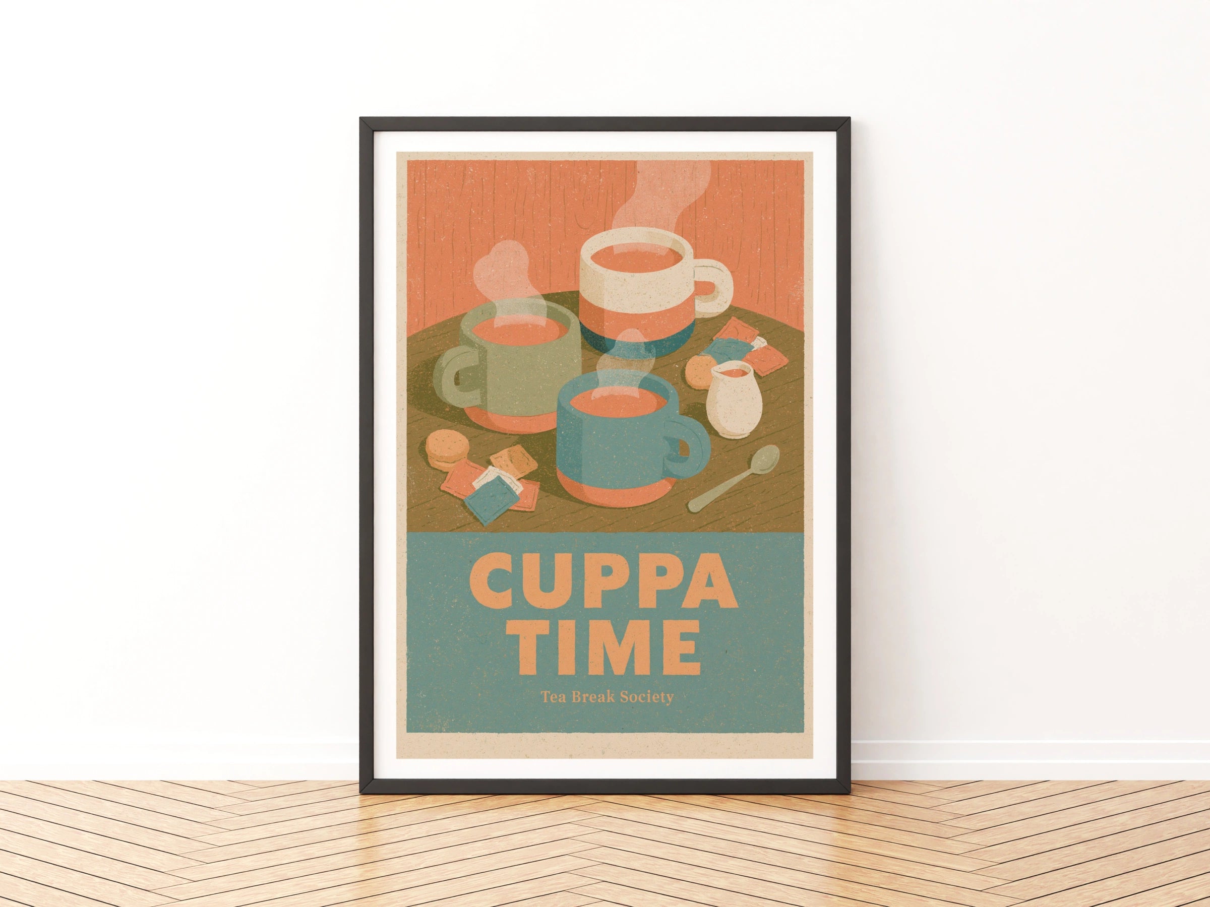 Cuppa Time Vintage Food Poster Print | Rustic Kitchen Decor | Retro Mid Century Risograph Tea