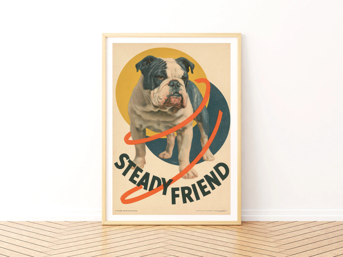 Retro Bulldog Poster, Steady Friend Vintage Dog Print, Folk Art Wall Decor Gift