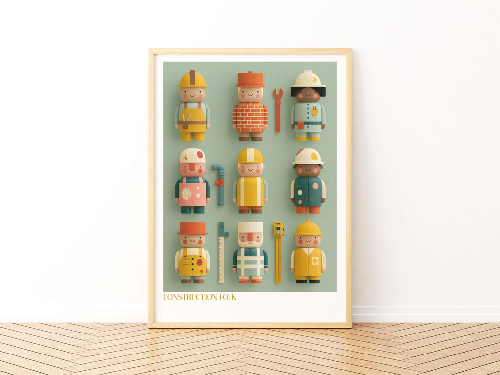 Construction Folk Kids Wall Art, Retro Wooden Toy Characters Print, Children's Bedroom Poster