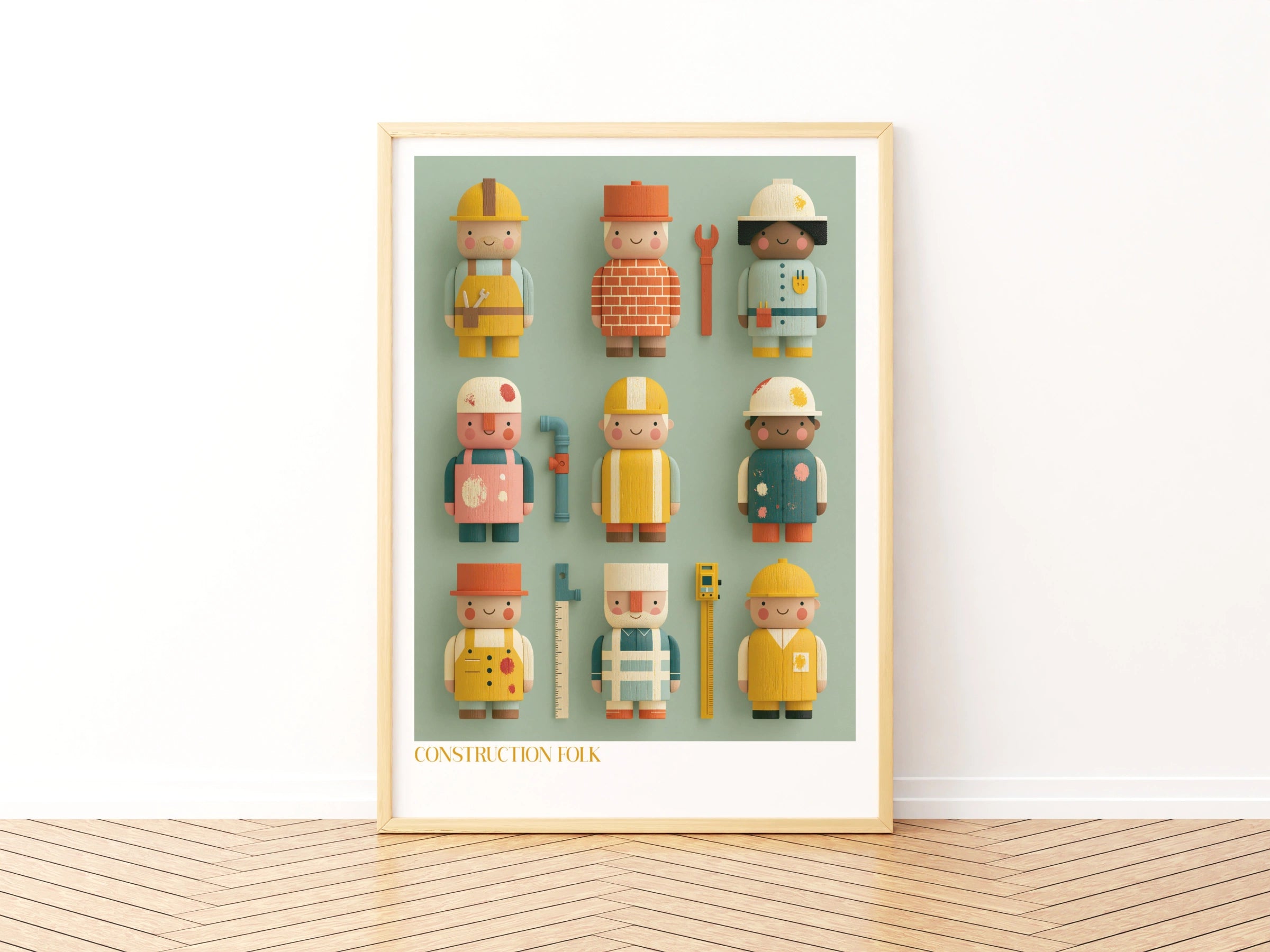 Construction Folk Kids Wall Art, Retro Wooden Toy Characters Print, Children's Bedroom Poster