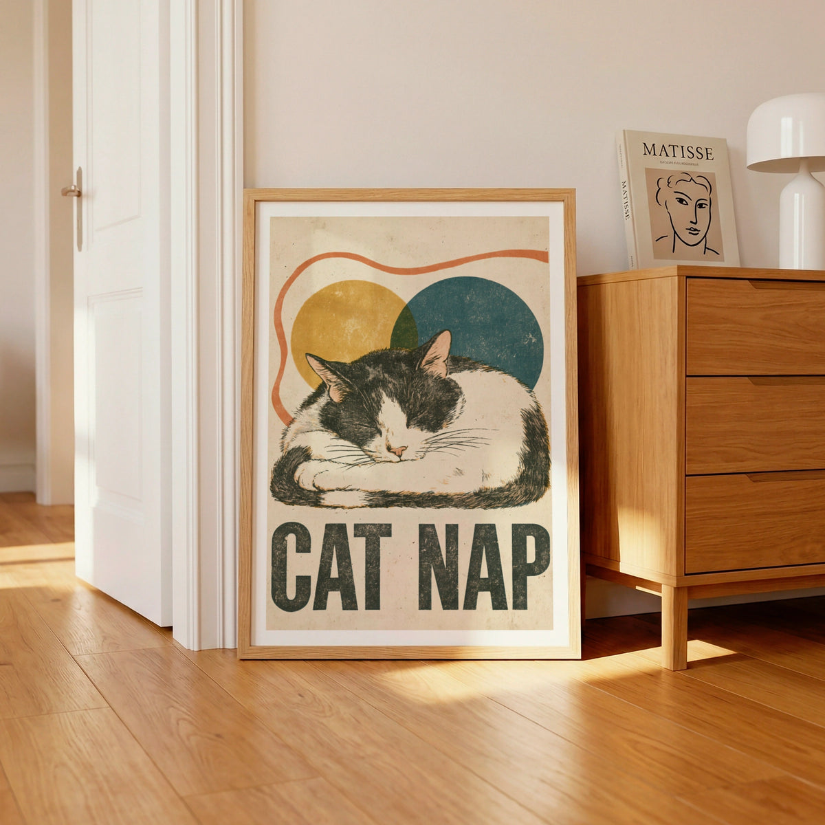 Cat Nap Retro Print, Sleeping Cat Wall Art, Vintage Folk Style Tuxedo Cat, Gift for Cat Lovers