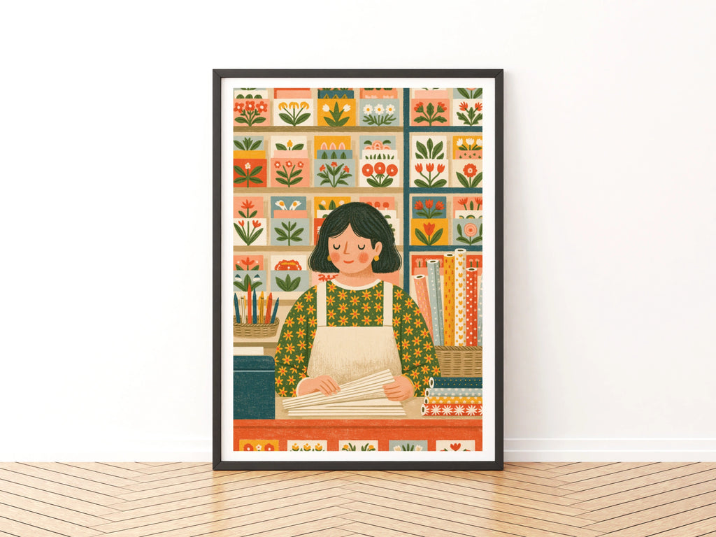 Retro Craft Room Print, Folk Art Paper Shop Poster, Sewing Print Gift for Crafters Wall Art
