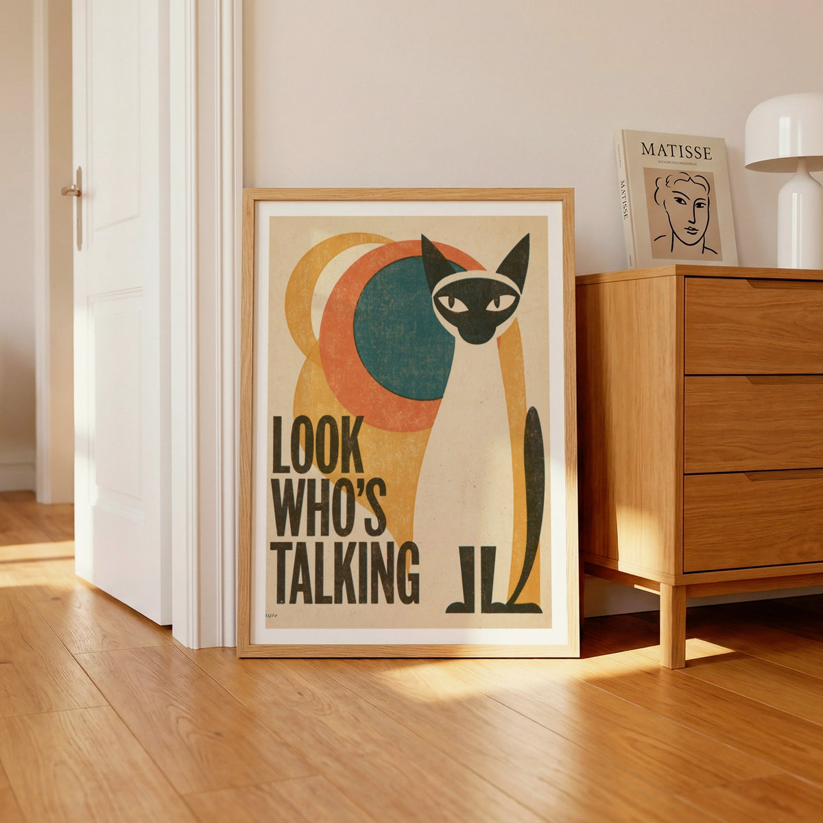 Retro Cat Print, Look Who's Talking, Siamese Cat Wall Art, Vintage Folk Style