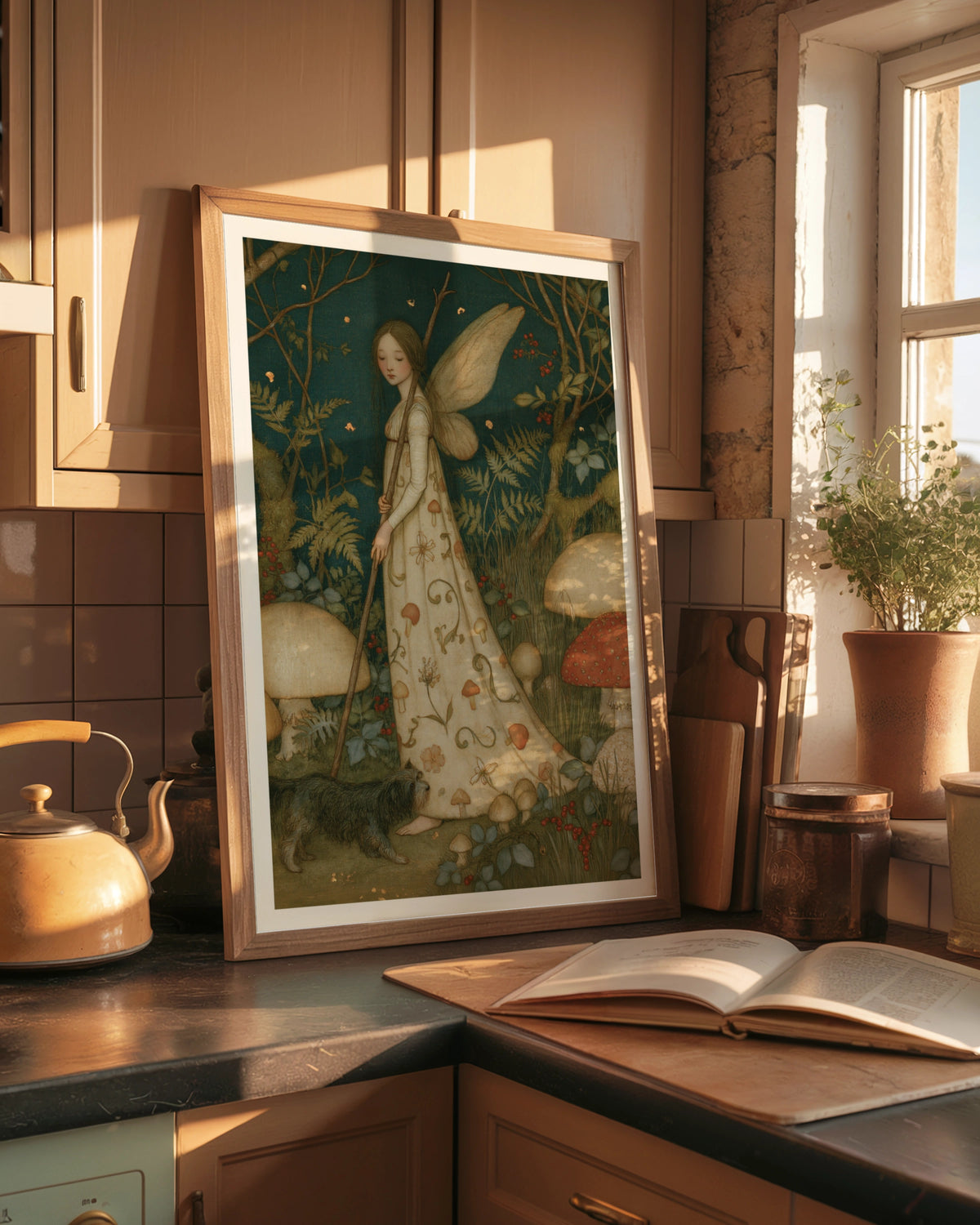 Mushroom Fairy Forest Print, Classic Inspired Botanical Folk Art Poster, Cottagecore Wall Art
