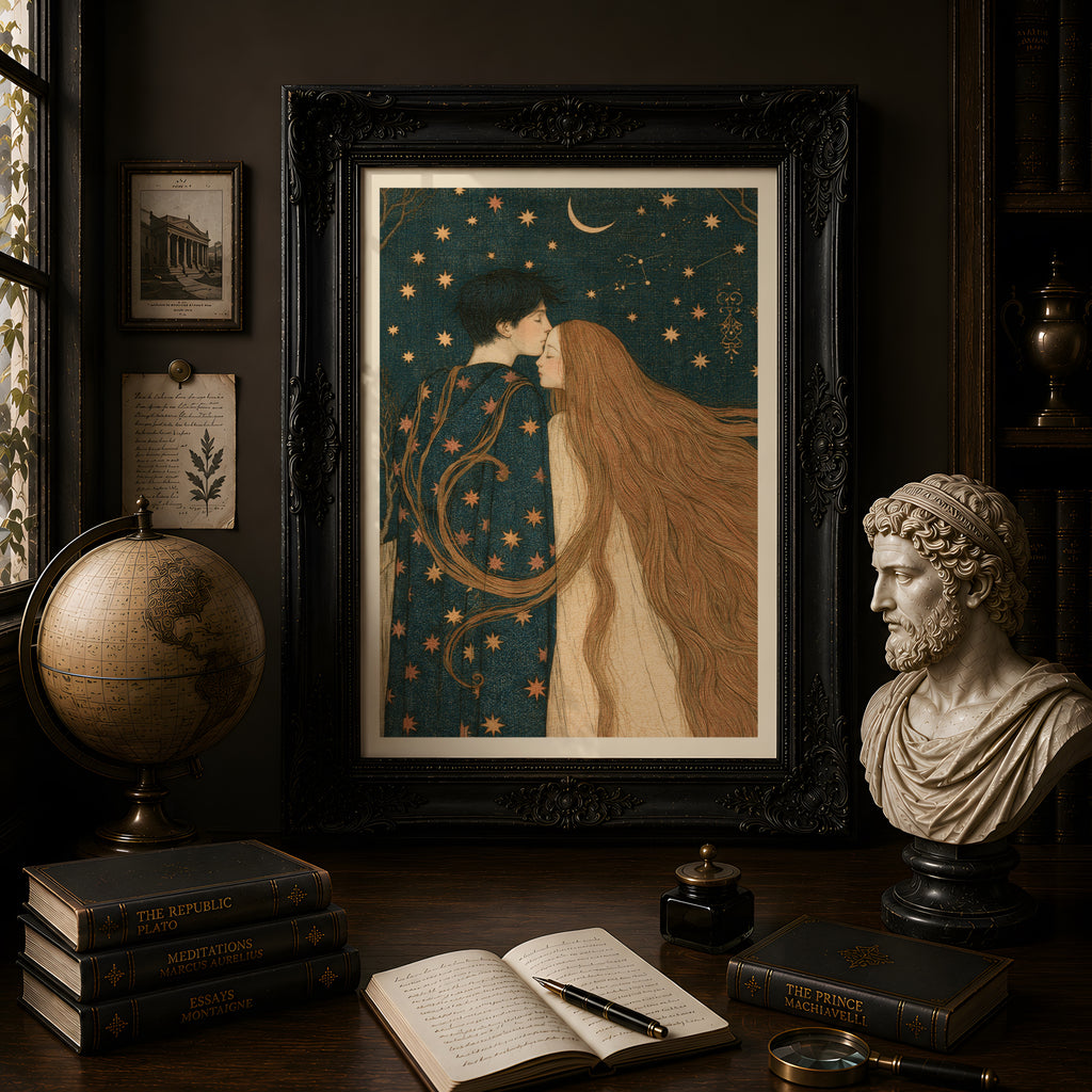 Celestial Lovers Wall Art, Starry Night Couple Poster, Crescent Moon Romantic Vintage Print, Bedroom