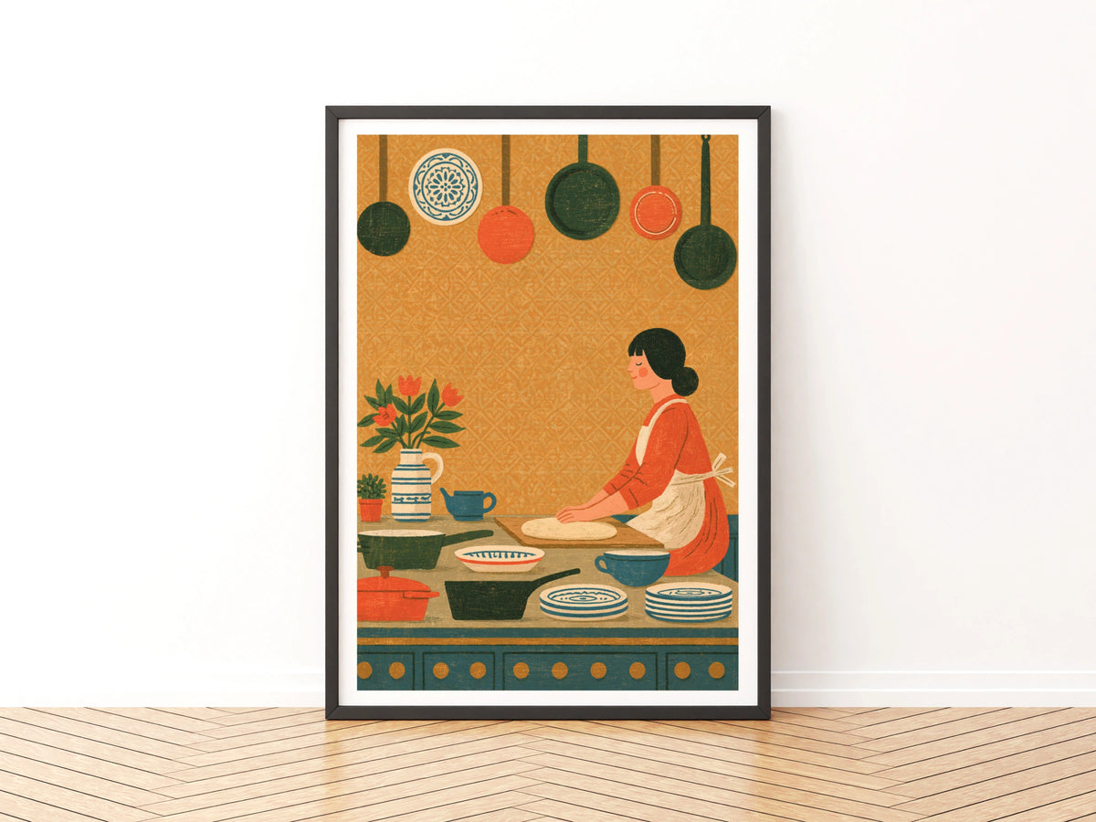 Vintage Kitchen Poster, Woman Cooking Wall Art, Retro Home Baking Print, Cosy Kitchen Decor