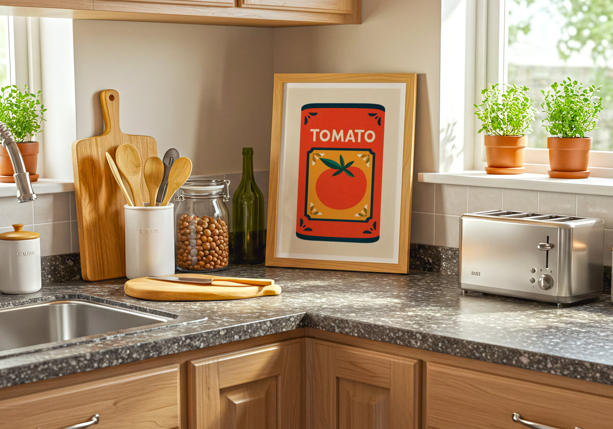 Vintage Food Poster Print, Tomato Can, Rustic Kitchen Decor, Retro Mid Century Risograph Wall Art
