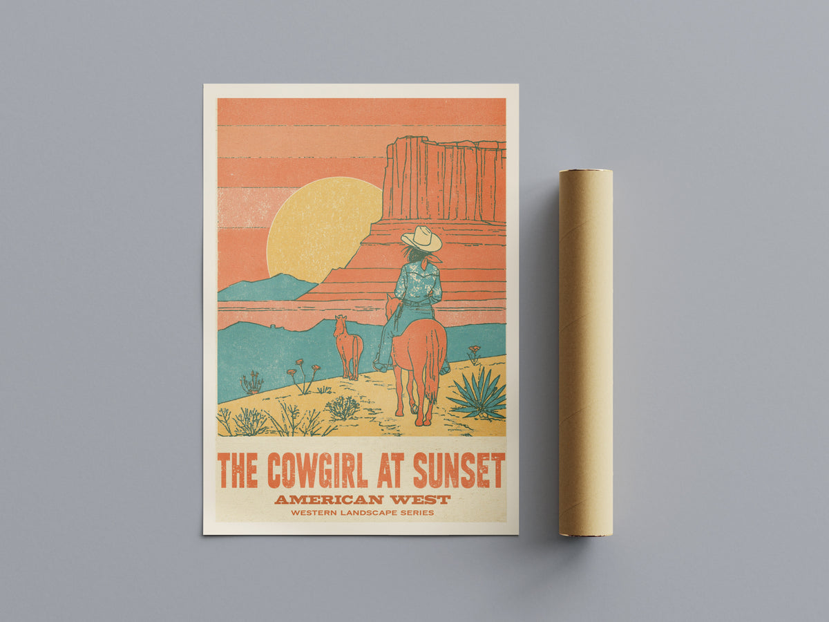 Contemporary Cowgirl at Sunset Print, American West Wall Art, Desert Canyon Retro Western Decor