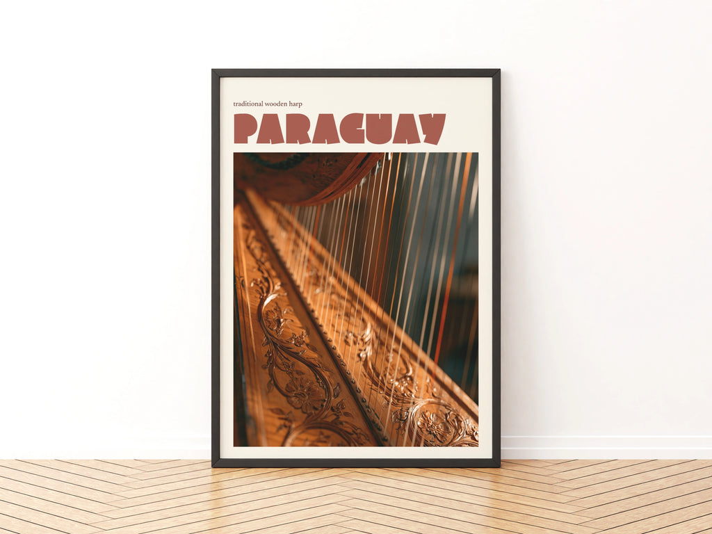 Paraguay Retro Travel Poster, Traditional Wooden Harp Print, South America Wall Art