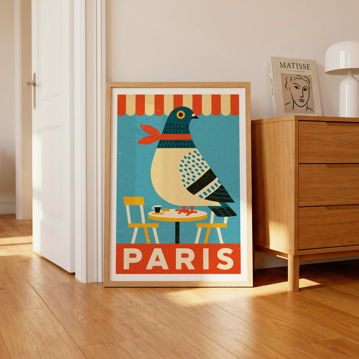 Paris Pigeon Retro Print, French Cafe Wall Art, Vintage Travel Folk Bird Art Print