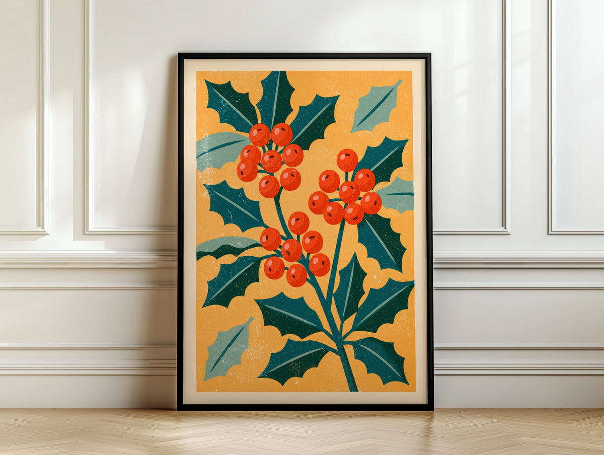 Vintage Holly Berry Poster, Retro Christmas Botanical Print, Teal Orange Festive Wall Art