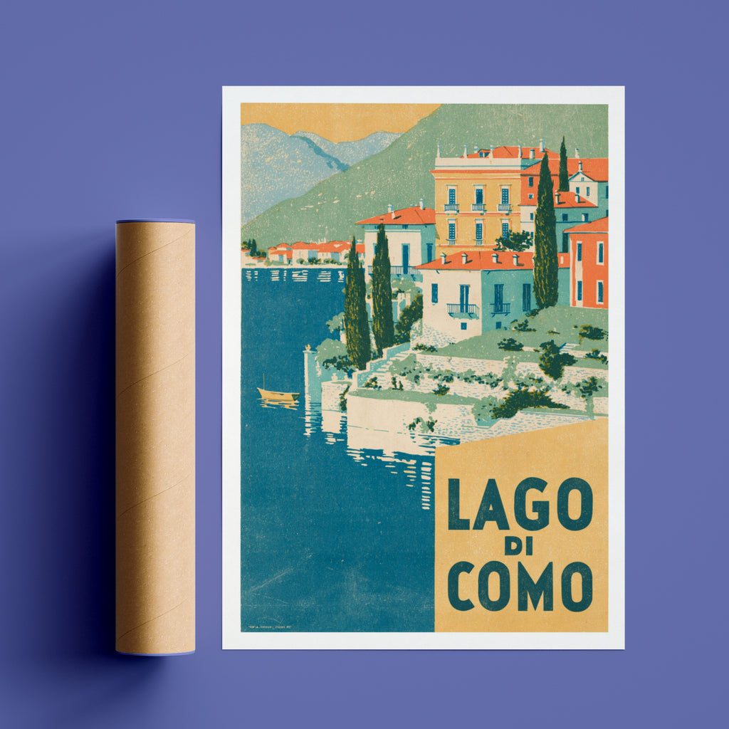 Retro Lago di Como Poster, Vintage Travel Print, Italian Lake Wall Art, Lake Como Villas Artwork