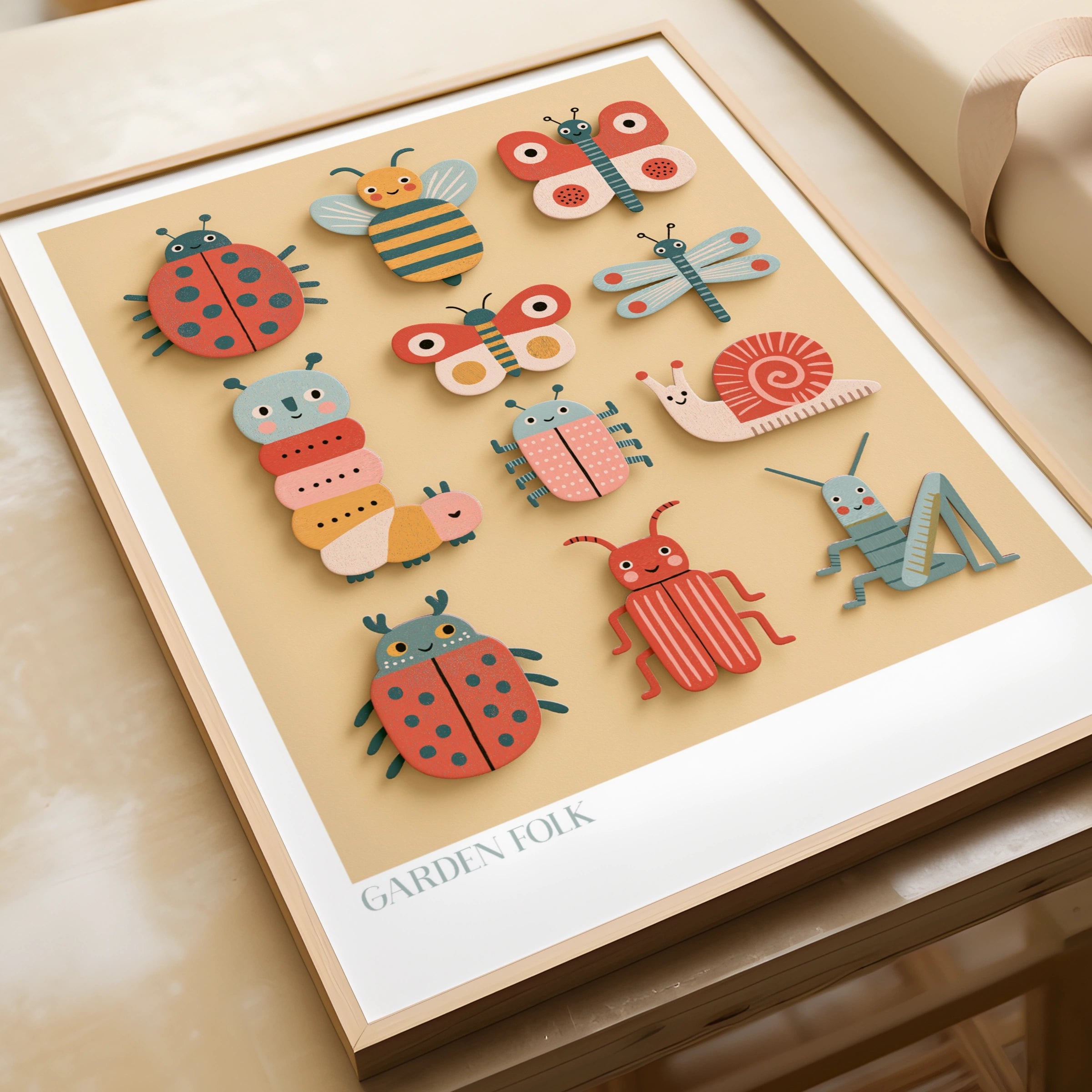 Garden Folk Bug Print, Retro Children's Insect Poster, Kids Wall Art Collectable