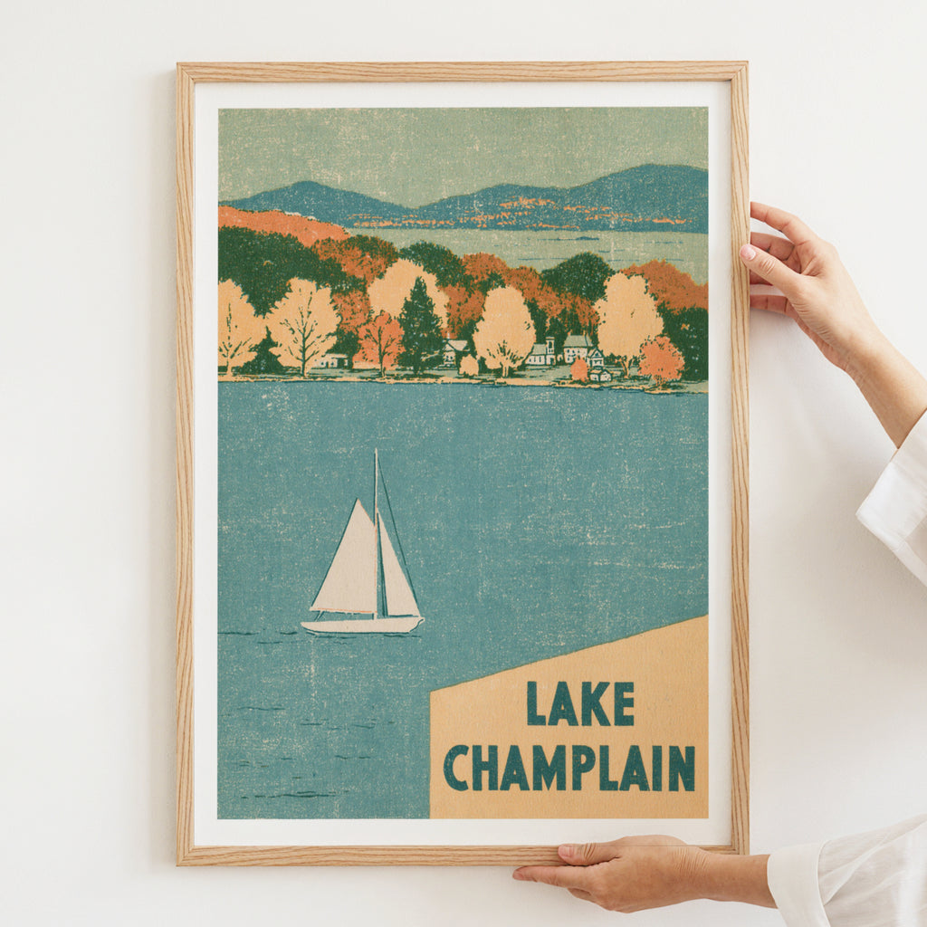 Lake Champlain Retro Travel Poster, Vintage Travel Print, Sailboat Autumn Lake Wall Art Vermont