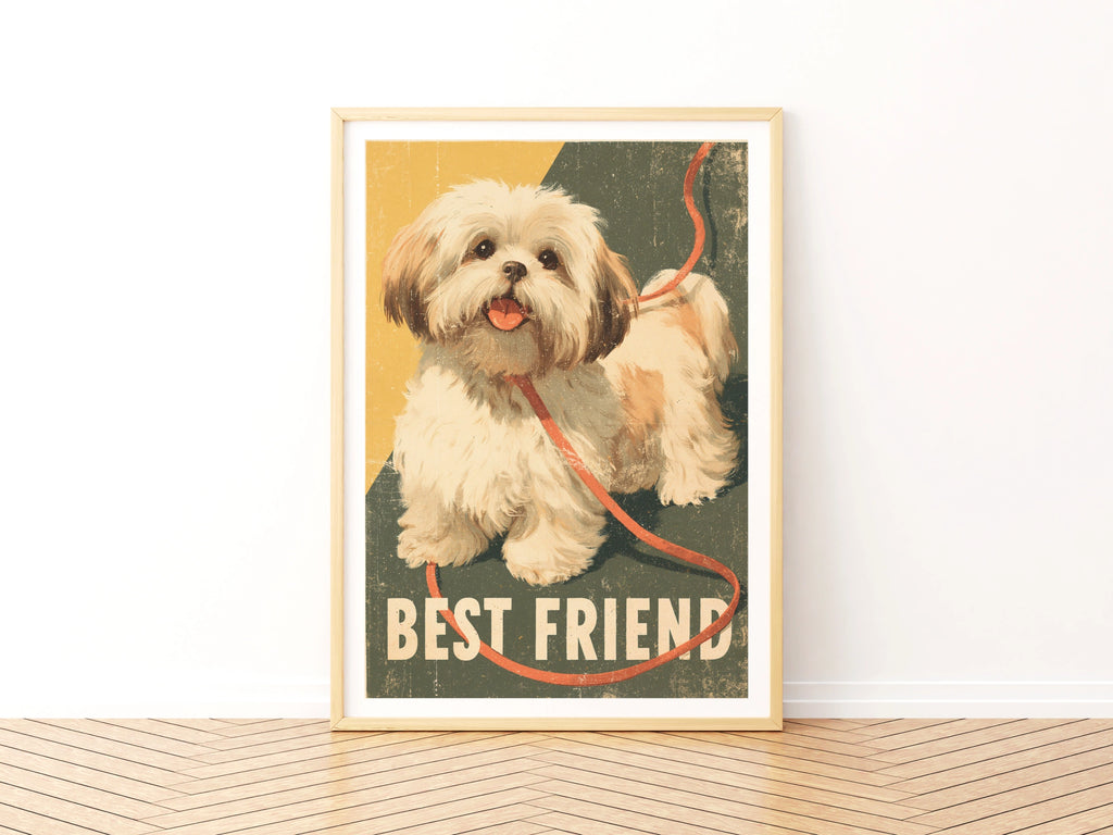 Retro Dog Poster, Best Friend Shih Tzu Wall Art, Vintage Folk Style Pet Print