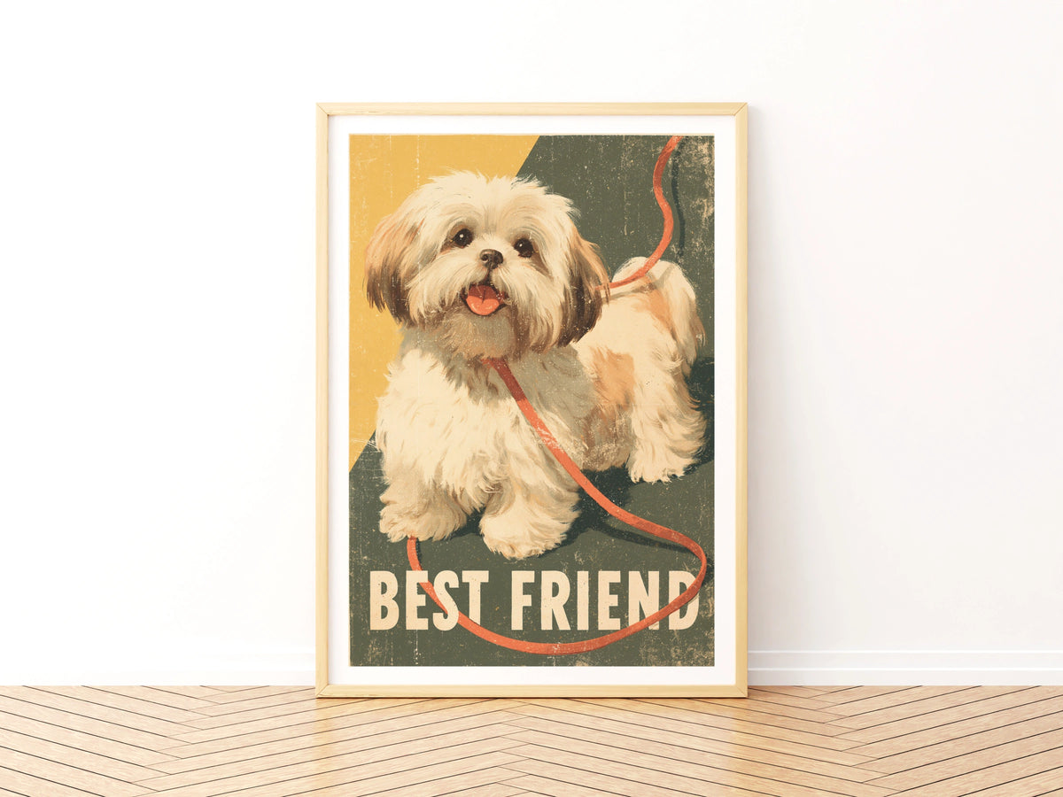 Retro Dog Poster, Best Friend Shih Tzu Wall Art, Vintage Folk Style Pet Print