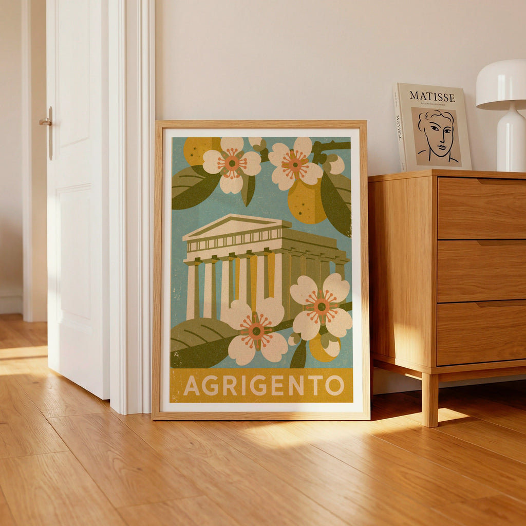 Agrigento Sicily Vintage Travel Poster, Italy Greek Temple Wall Art Print