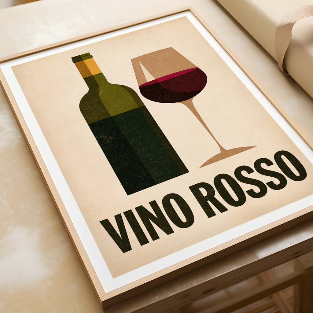 Vino Rosso Italian Wine Print | Rustic Kitchen Decor | Retro Mid Century Risograph Wine Art