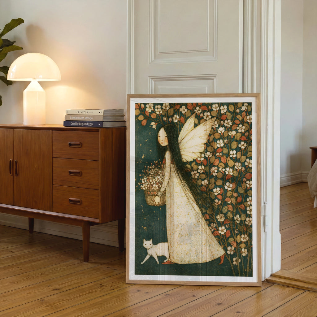 Fairy Girl Blossom Classic Art Print, White Cat Floral Folk Poster, Vintage Style