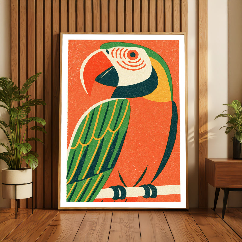 Retro Parrot Print, Vintage Macaw Wall Art, Tropical Bird Poster, Orange Green Matchbox Style Art